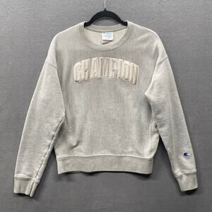 Champion Reverse Weave Sweatshirt Womens M Gray Spellout Logo Crewneck Athletic